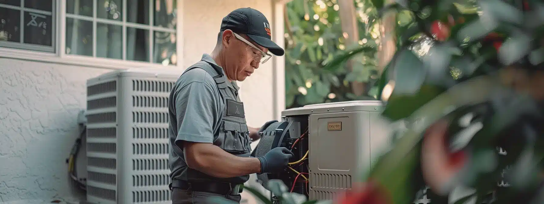 a technician examining an air conditioning unit in a home.